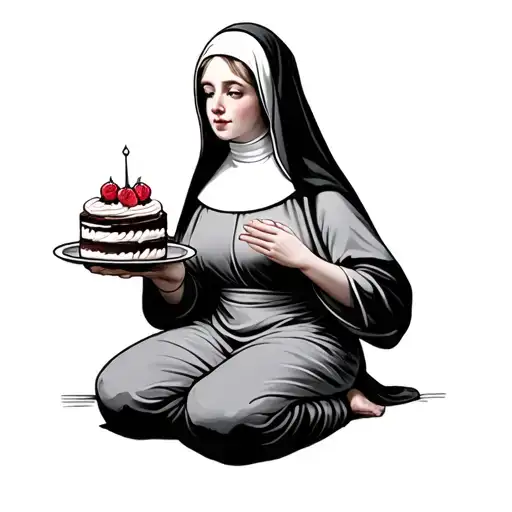 Nun On Her Knees Eating Cake
