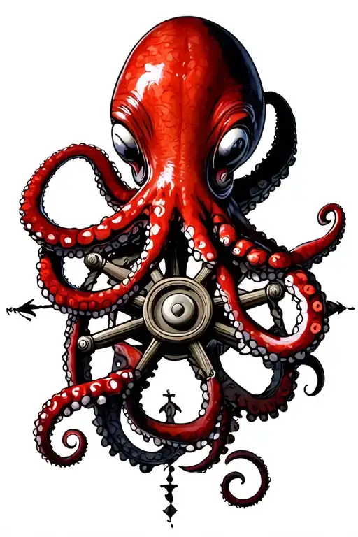 Red Octopus Holding A Broken Ships Wheel