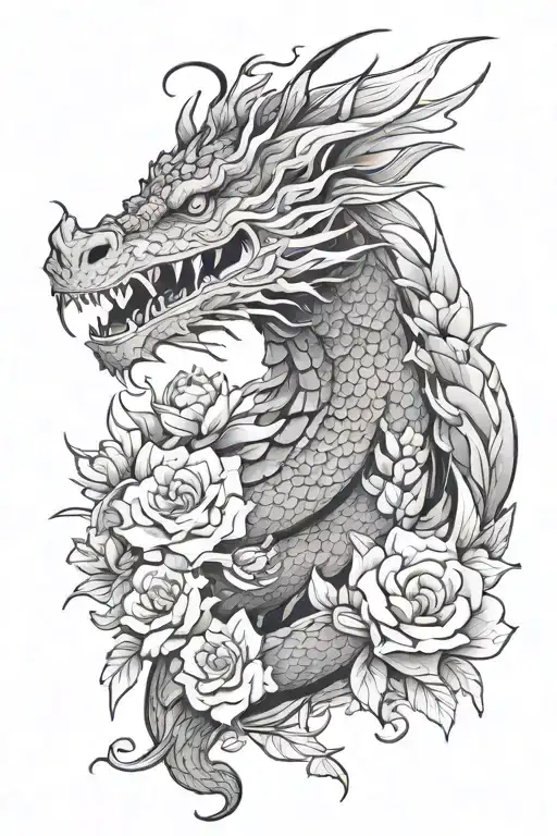 Dragon And Flowers Surrounding