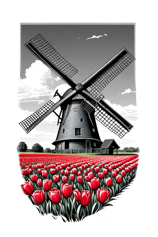 Dutch Windmill With Tulip Field