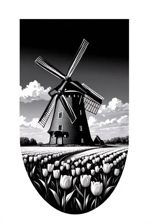Dutch Windmill With Tulip Field