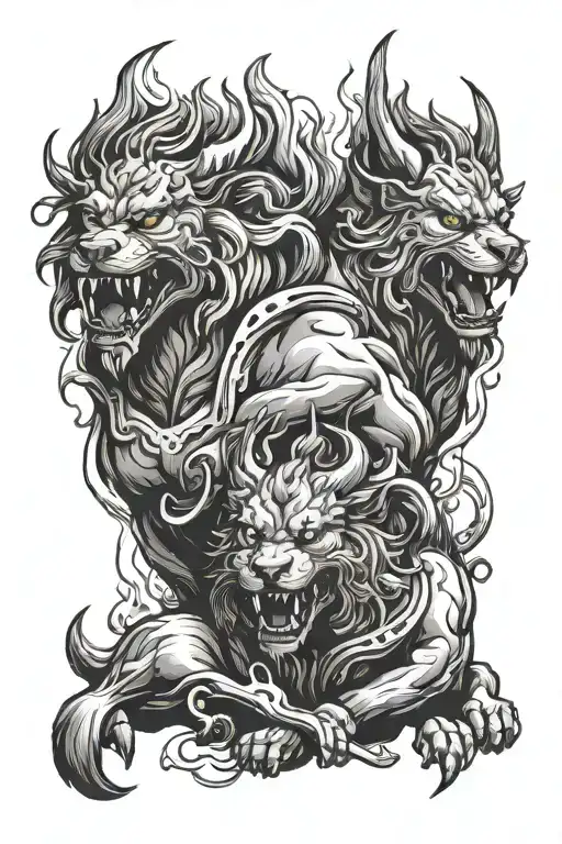 Cerberus And Hades Greek God With Smoke And Flames