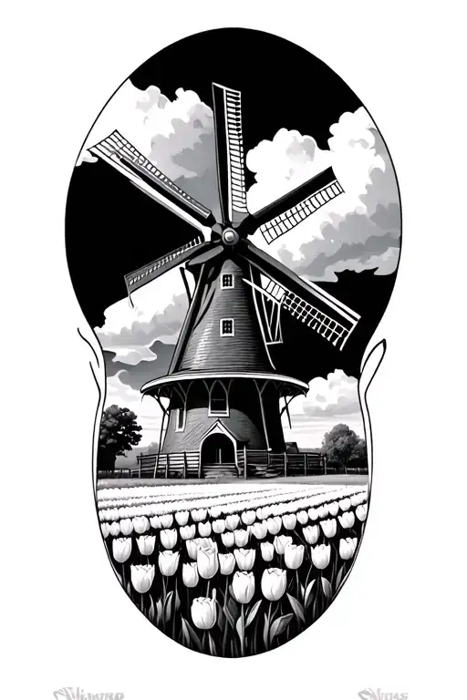 Dutch Windmill With Tulip Field
