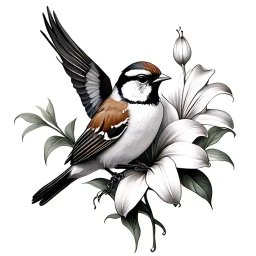 Sparrow Flying With Lilly Flower