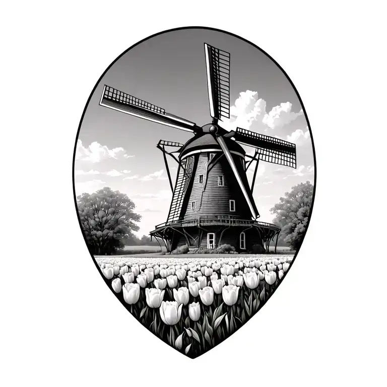 Dutch Windmill With Tulip Field