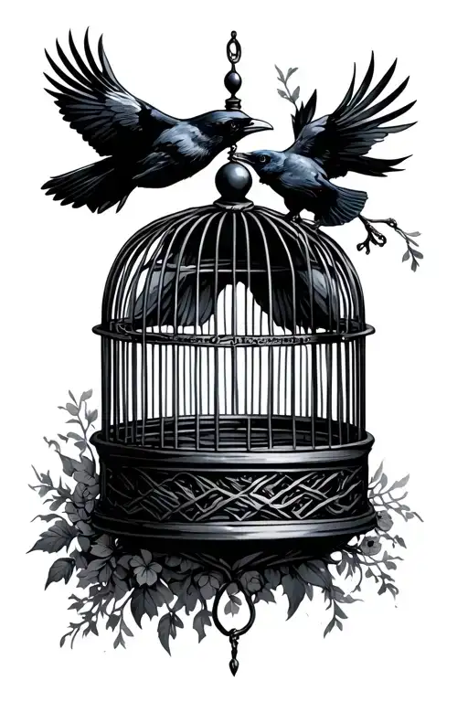Open Bird Cage With A Crow Flying