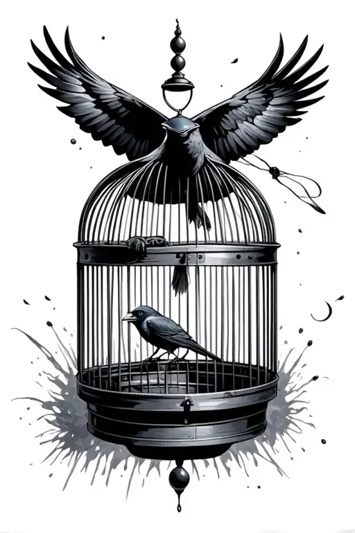 Open Bird Cage With A Crow Flying Away