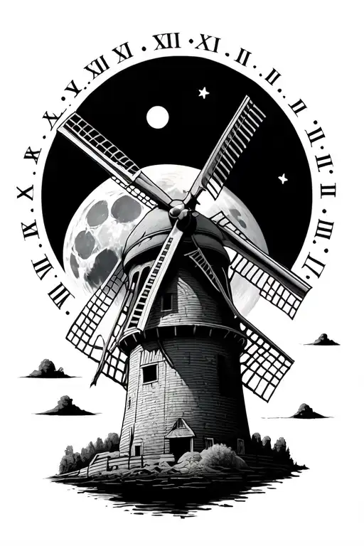 Dutch Windmill With Big Moon Merged With Roman Numerals