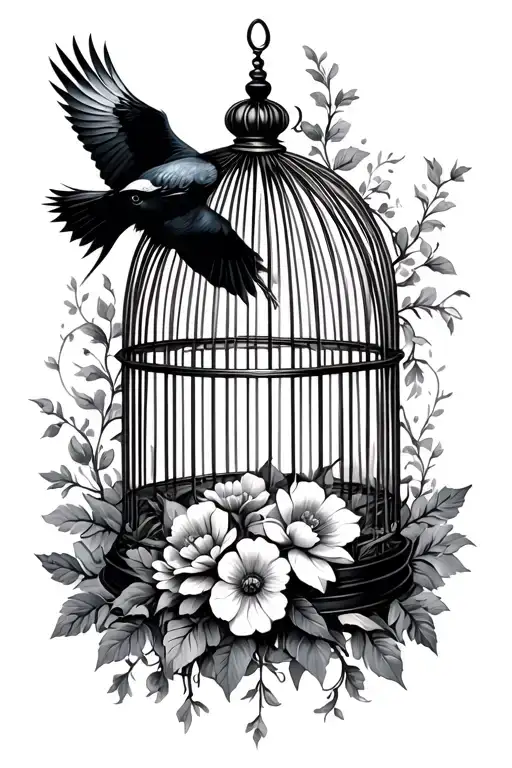 Open Bird Cage With Flowers And Vines Around It And A Crow Flying Out Of The Cage