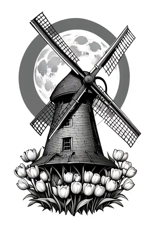 Dutch Windmill With Harvest Moon Surrounded With Tulips