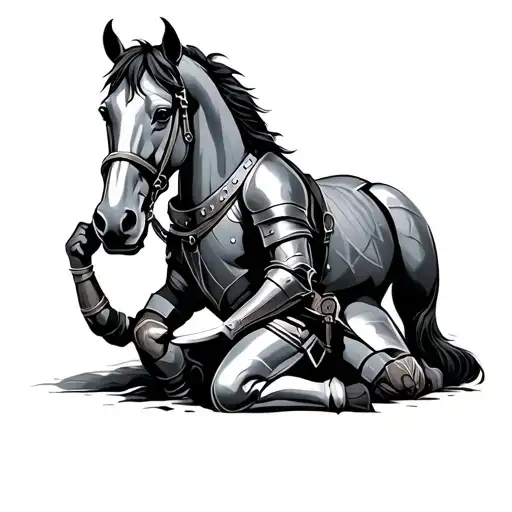Knight Kneeling By A Horse Laying Down