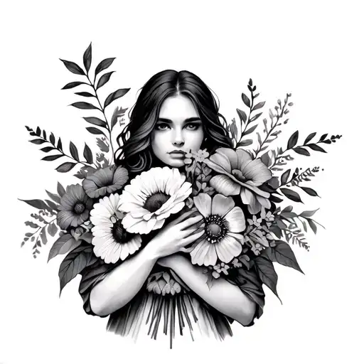 March Flower And August Flower Bouquet Wrapped Arms Around Herself