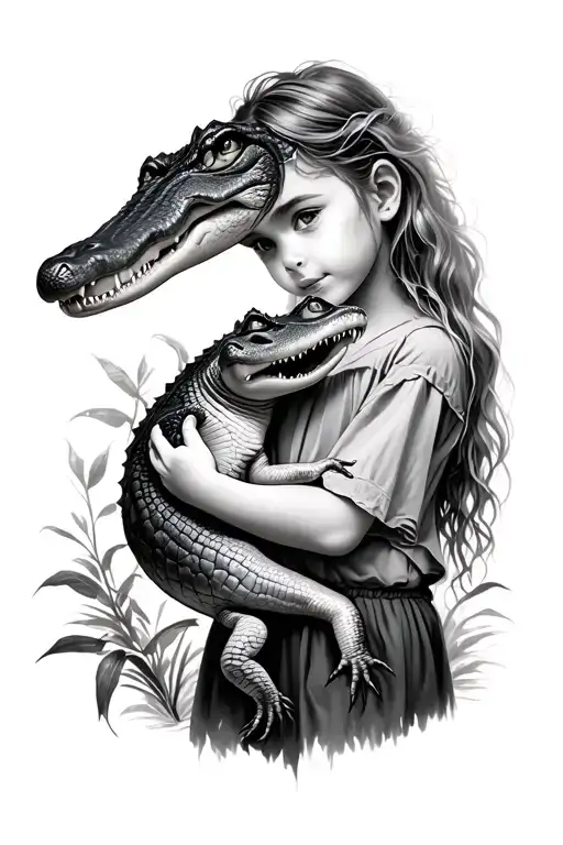 Young Girl With A Crocodile In Her Arms