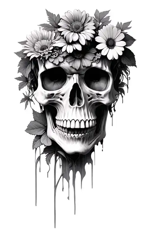 Flowers Growing From Zombie Head Skull Covered In Flowers