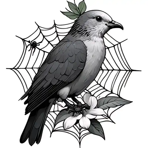 Dove With Gumamela And Spider And Spider Web