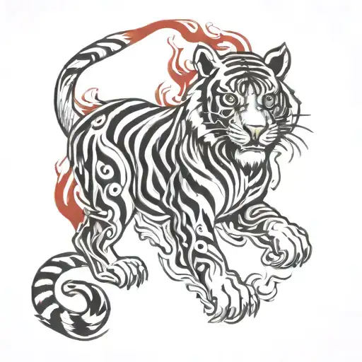 Non Figurative Chinese Zodiac Tiger Black Red Whit Flames Red Whit Black Roses Orchid