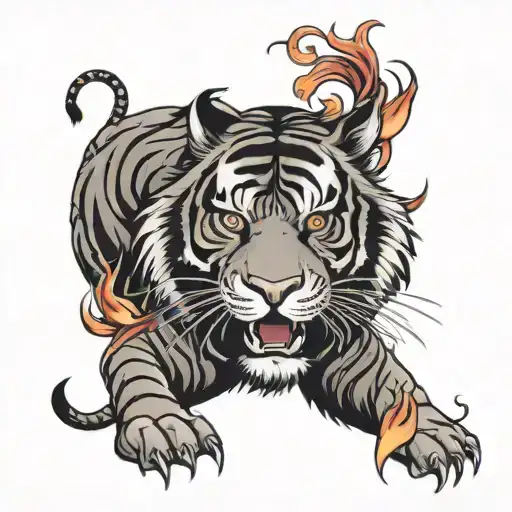 Non Figurative Chinese Zodiac Tiger Black Red Whit Flames Red Whit Black Roses Orchid