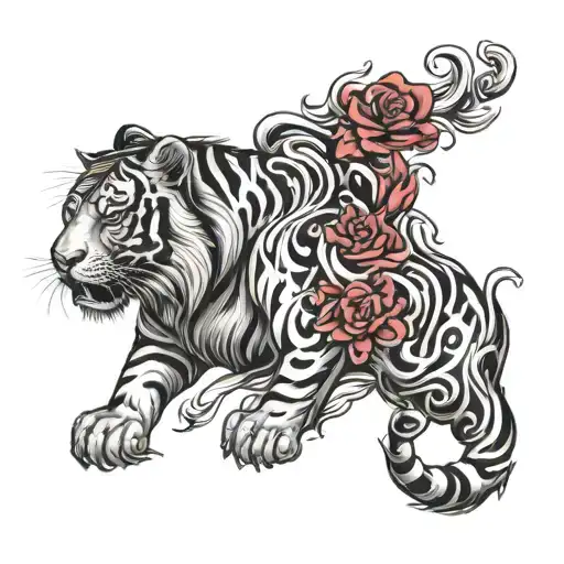 Non Figurative Chinese Zodiac Tiger Black Red Whit Flames Red Whit Black Roses Orchid