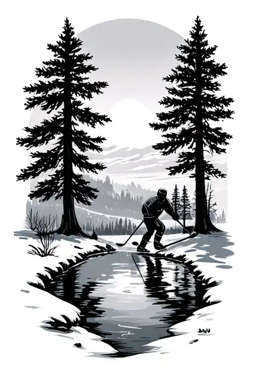 Pond Hockey With Landscape Scene