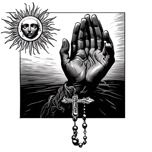 Prayer Hands With Rosary With Sun Above