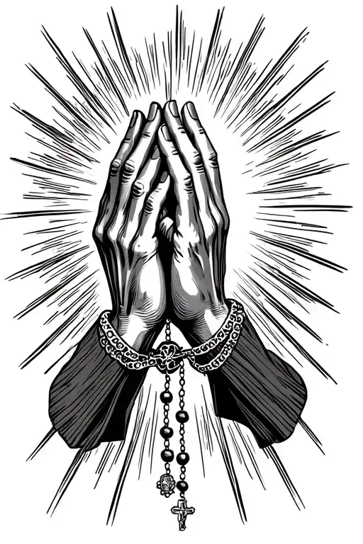 Prayer Hands With Rosary With Sun Rays