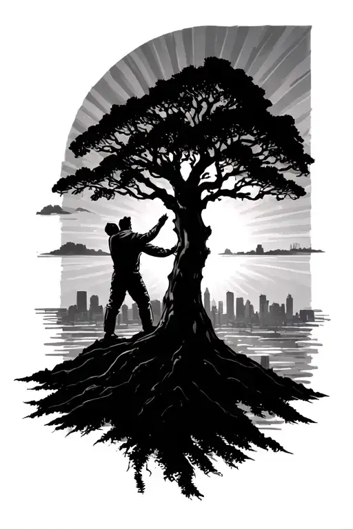 Tree With A Man Reaching Towards A Sunrise Integrated With The Chicago