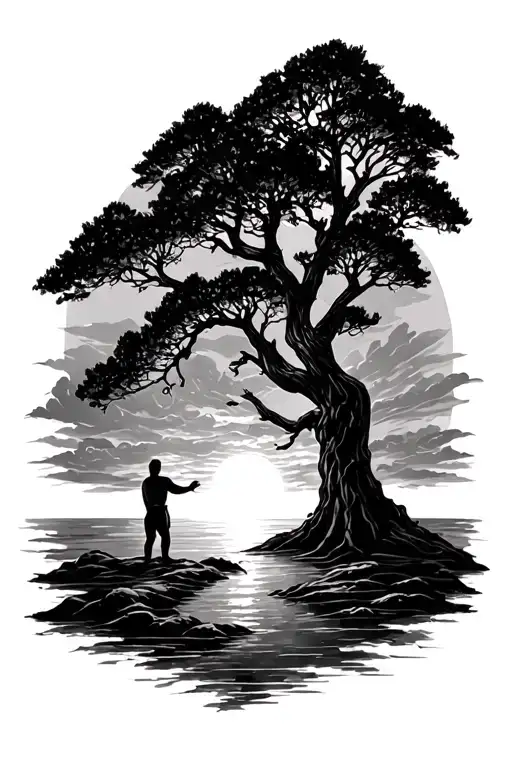 Tree With A Man Reaching Towards A Sunrise