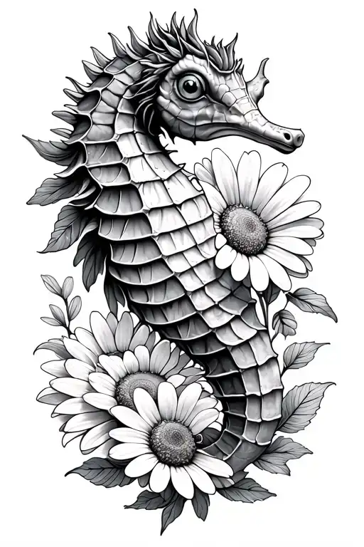 Seahorse With Daisy And Chrysanthemum Flowere