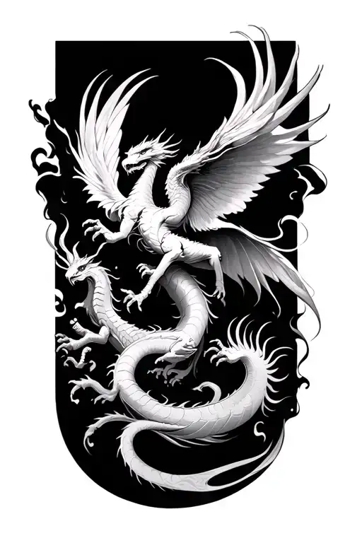 Dragon And Phoenix Flying Around It