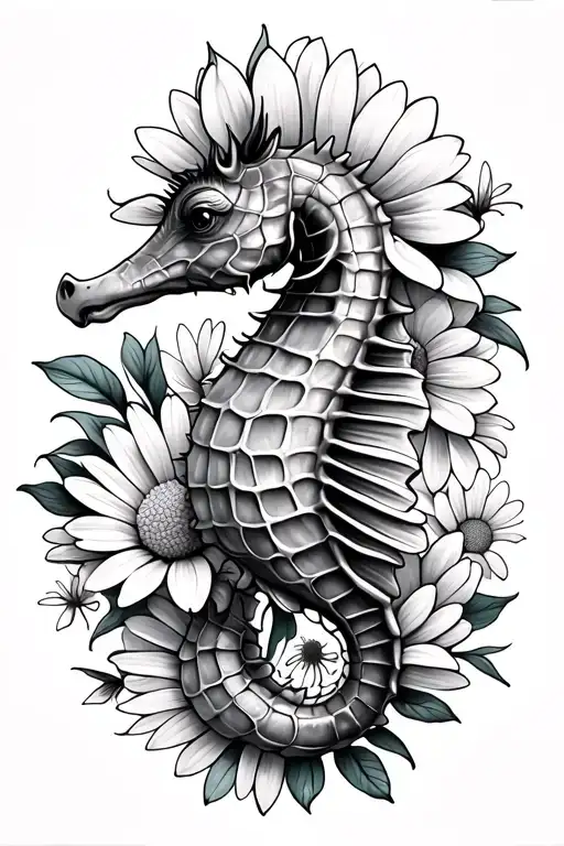 Seahorse With Daisy And Chrysanthemum Flowers Feminine