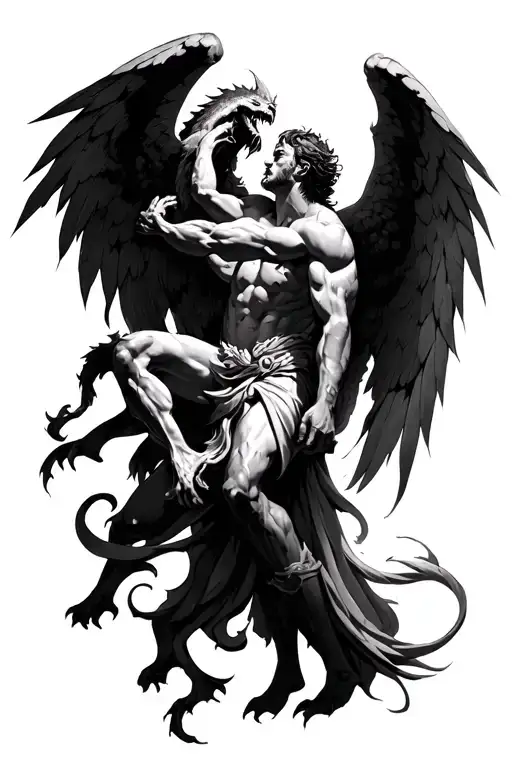 Archangel Mikhail Fights With A Demon On The Rib And Stomach With Shadows