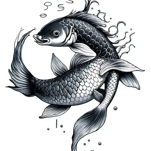 Koi Fish Wrapped Around Pisces Writing With Mermaid