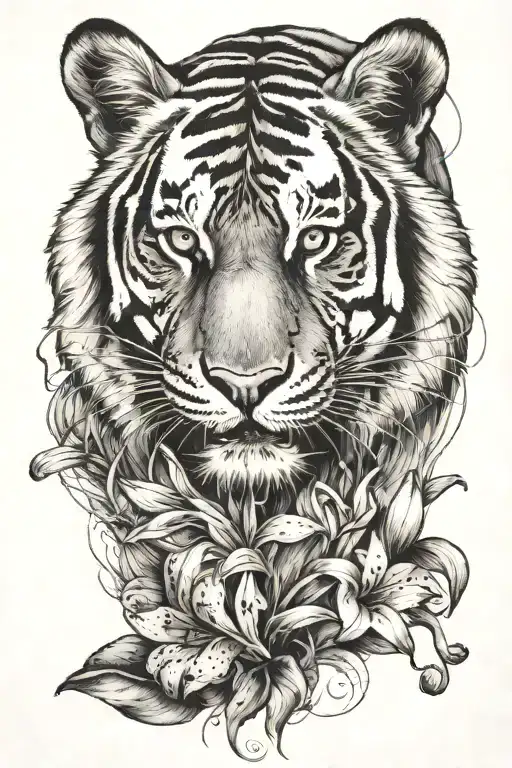Tiger With Lillys Blossoming