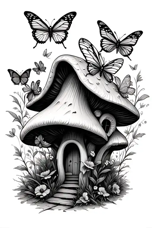 Butterflys Around Mushroom Fairy House