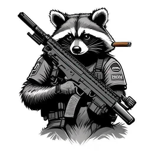 Tactical Raccoon Holding M249 Squad Automatic Weapon Smoking A Cigar