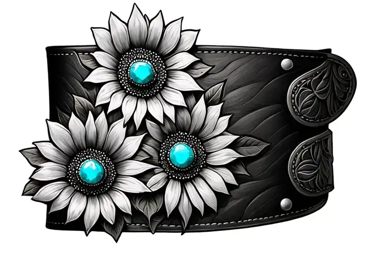 Tooled Leather With Turquoise Stones And Sunflower