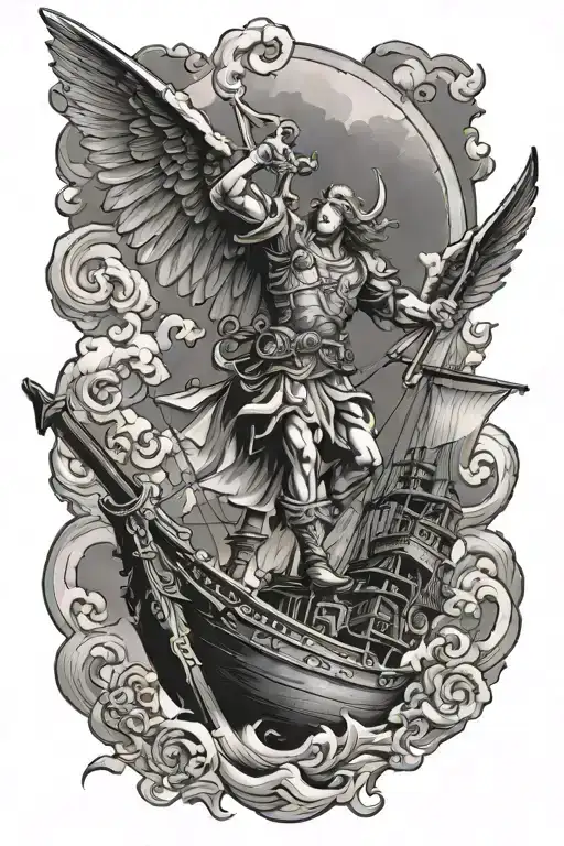 Saint Michael Arc Angel Above A Pirate Ship Sailing Through Stormy