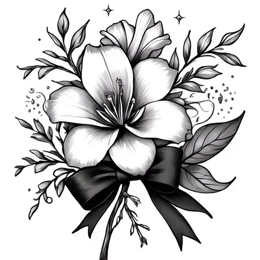 Dainty Hawthorne And Gladiolus Flower With A Bow With A Couple Sparkles Around It