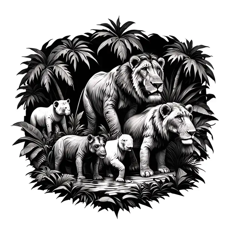 Jungle Animals In Jungle Scene
