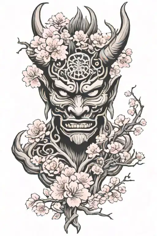Oni Mask With Nordic Tree Of Life And Pink Sakura Blossoms