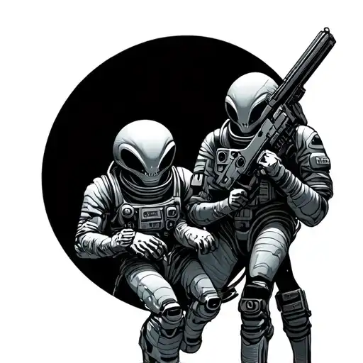 Alien With With A Gun Standing Off With A Human Astronaut