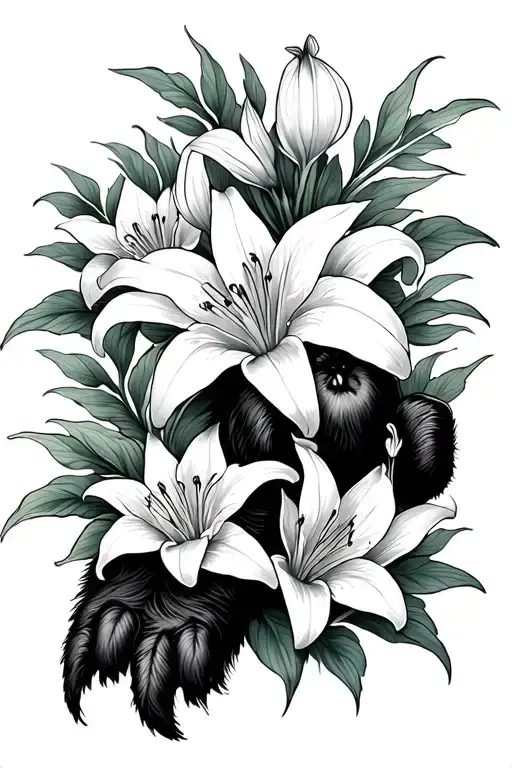 Bear Paw With Lily Flowers Intertwined