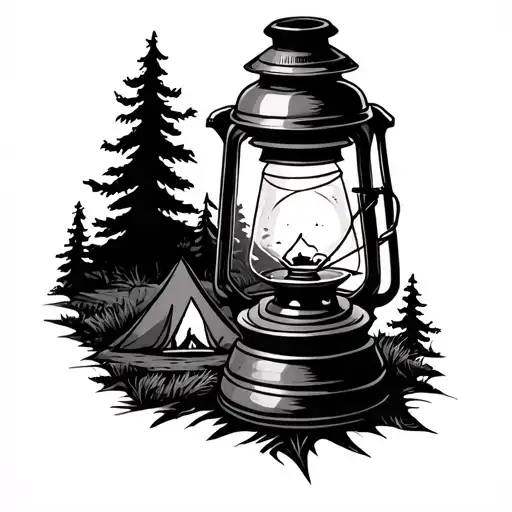 Create A Camping Scene Tattoo Inside A Lantern Standing