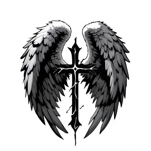 Broken Angel Wings With An Upside Down Cross Below