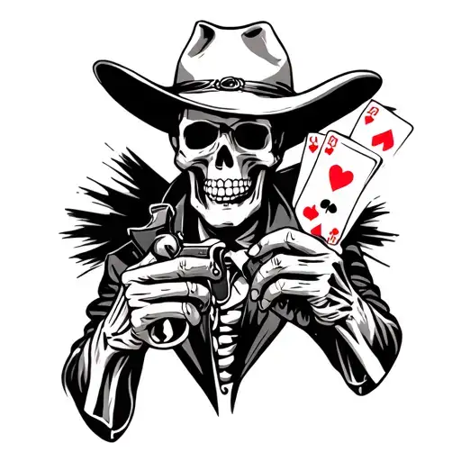 Cowboy Skeleton Holding Cards And Revolver
