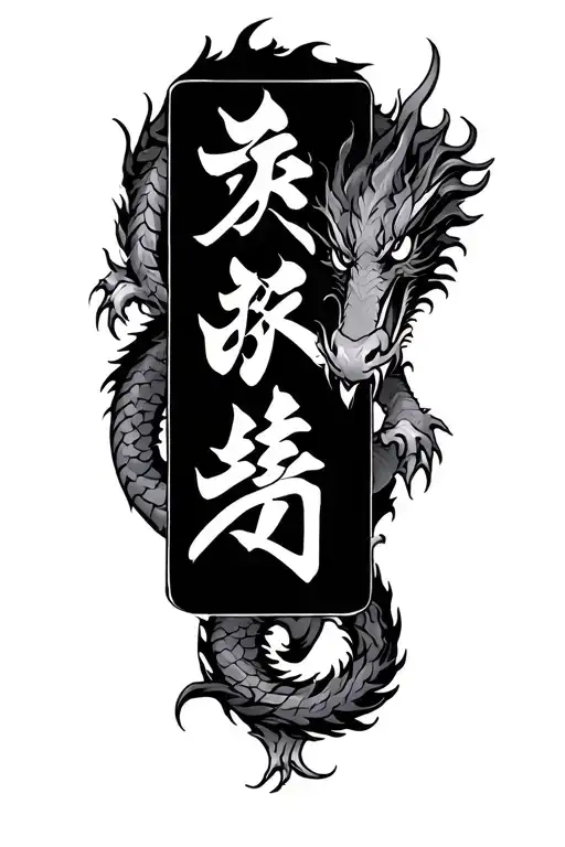 Vertical Rectangle With Japense Kanji Inside And A Dragon Wrapping Around The Rectangle