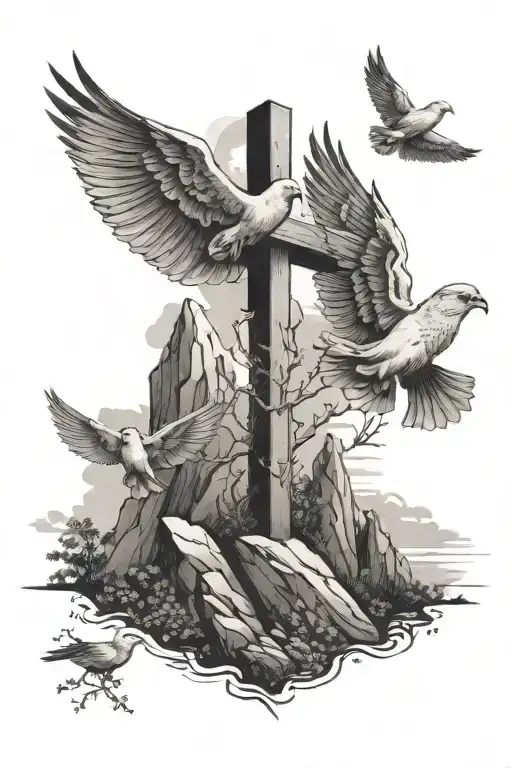 Cross On Mountain Doves Flying Around It