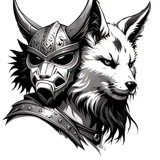 Viking Warrior With A Kitsune Mask On His Shoulder