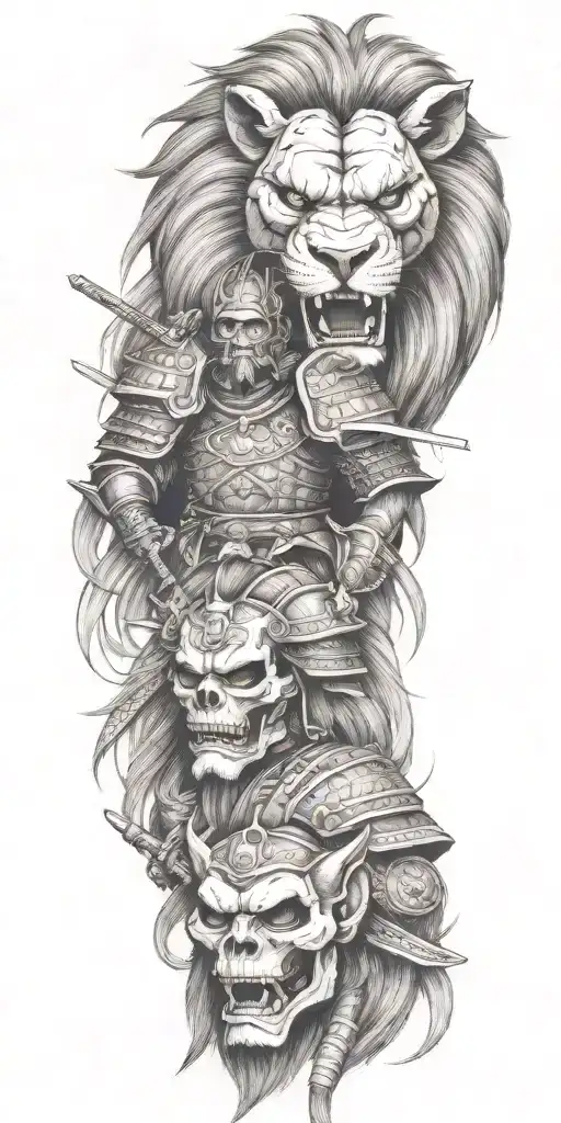 Skull Lion And Samurai Warrior