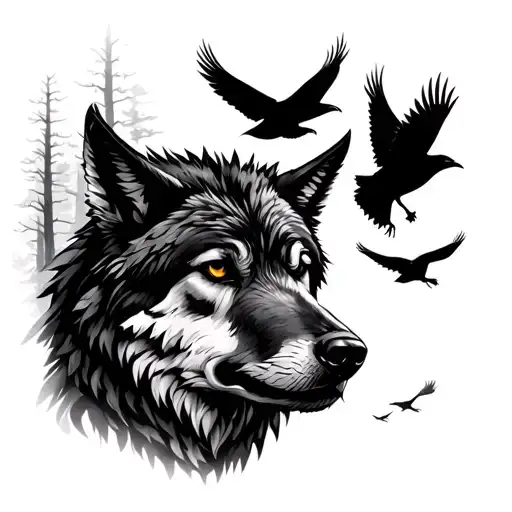 Wolf In A Forest And Ravens Flying